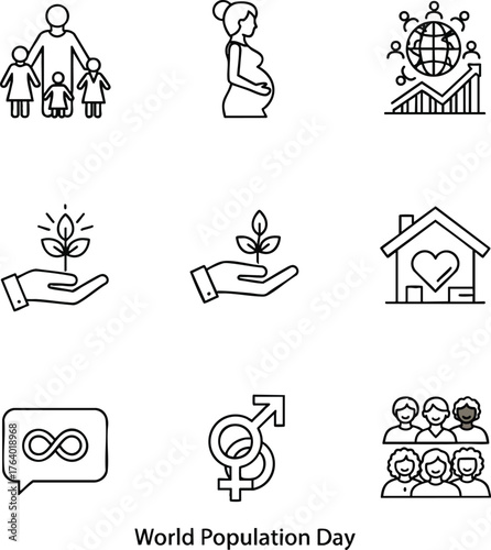World Population Day line icon set. Features population growth, family, pregnancy, sustainability, and diversity
