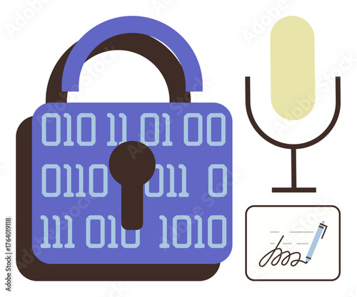 Lock featuring binary code, microphone, and signature pad with pen highlight data privacy, encryption, secure communication, and authentication. Ideal for cybersecurity, digital rights, or privacy