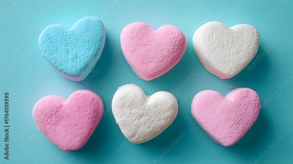 Obraz premium Six heart shaped confectionery items display in two rows against a bright blue background