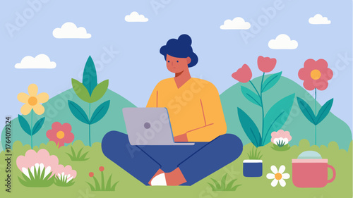 A nomad in a meadow surrounded by wildflowers with a laptop on their lap and travel journals spread out beside them.
