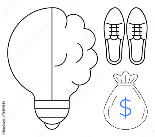 Brain-shaped lightbulb for creativity, shoes for taking action, and a money bag symbolizing financial success. Ideal for innovation, entrepreneurship, strategy, ideas, motivation, wealth