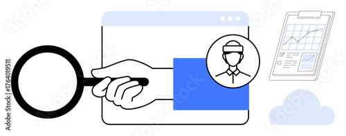 Hand holding magnifying glass over browser window, user icon, data chart, and cloud. Ideal for research, analytics, user focus, data analysis recruitment technology exploration. Simple flat
