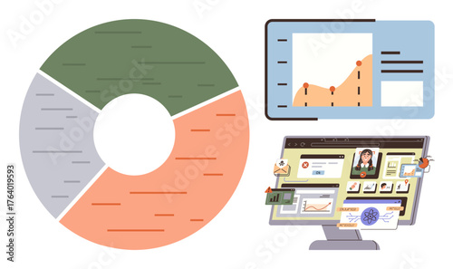 Pie chart, bar graph with line data, and computer screen displaying analytics tools. Ideal for business, productivity, planning, strategy, marketing research education. Simple flat metaphor