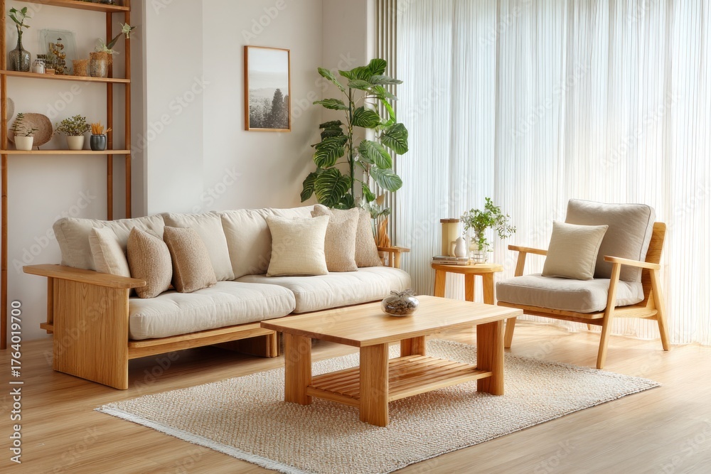 Naklejka premium simple interior with white walls, warm oak tones and soft shadows