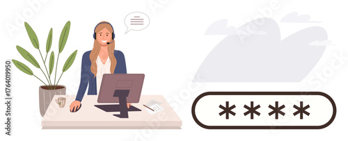 Support agent using a headset at a desk with a computer, alongside a password field suggesting conversation security. Ideal for customer service, technology, security, communication, professionalism