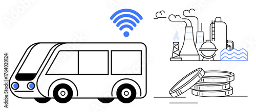 Smart electric bus with wireless connectivity next to industrial factory and coin stack. Ideal for technology, transportation, smart city, sustainability, energy, industry, innovation themes, simple