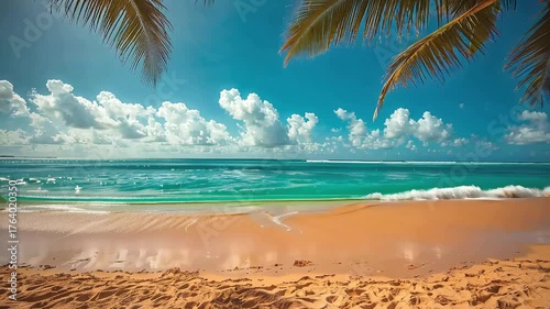 Calm ocean waves and bright sky create a perfect day at the beach with palm trees swaying peacefully