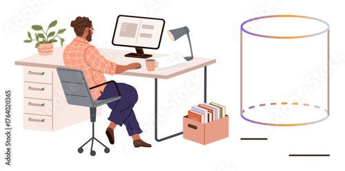 Man at desk with computer, coffee, office items, analyzing floating 3D cylindrical diagram. Ideal for business data, remote work, digital creativity, analytics, productivity technology simple flat