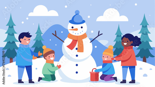 A whimsical scene of children building a snowman in a snowy park complete with scarves mittens and cheerful holiday decorations in the trees.