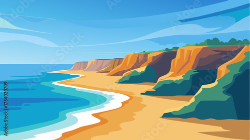 A beach coastline with waves crashing against cliffs captured in a sweeping panoramic shot by a drone.