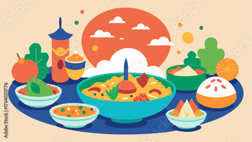 A whimsical illustration of plates filled with globally diverse healthy dishes showcasing a variety of cultural eating practices.