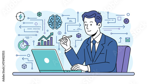 Intelligent business executive analyzing investment strategy and financial growth charts on laptop, surrounded by abstract data visualization elements, brain icon, and geometric shapes, representing