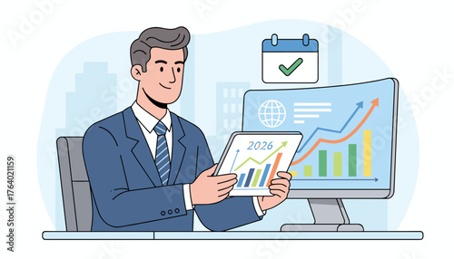 A smiling businessman in a suit sits at his desk, holding a tablet displaying financial charts and the year 2026, with a computer monitor showing a growth graph and a calendar with a checkmark in the