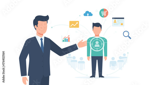 Business professional in a suit gestures towards a target audience icon, symbolizing customer focus, market segmentation, and data analysis with charts, graphs, and cloud icons, representing business