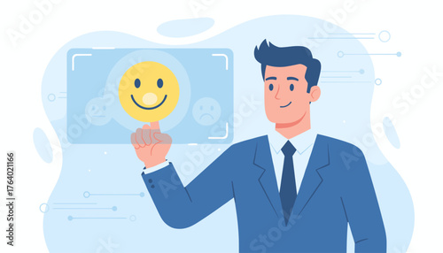 A businessman in a blue suit selects a happy smiley face emoticon on a digital screen, representing positive customer feedback, satisfaction, and a good user experience in a modern business context.
