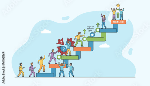 Illustrating the journey of career progression, teamwork, and achieving goals with a visual metaphor of climbing stairs and gears, symbolizing growth and success in a professional environment.
