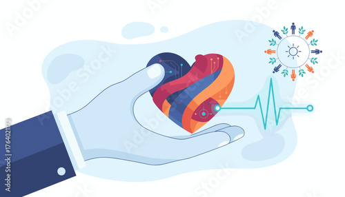 Abstract representation of a vibrant, multi-colored heart held in a doctor's hand, symbolizing cardiovascular health and medical care, with a digital pulse line and a community circle representing