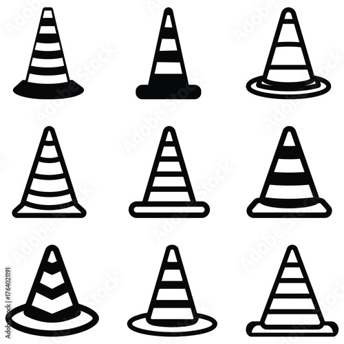 Nine varied traffic cone icons show striped patterns and differing base styles on transparent background