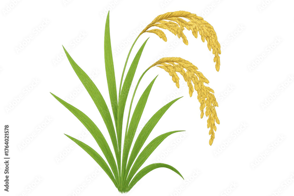 Obraz premium Golden rice plant with mature grains and green leaves, symbolizing agriculture and harvest on transparent background