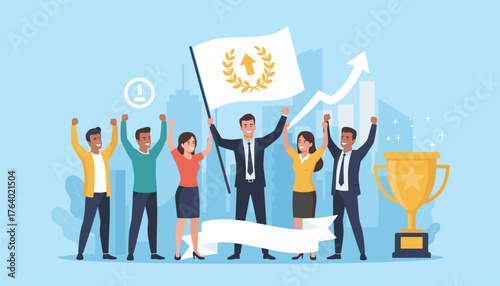 Vibrant illustration of a diverse business team celebrating success, led by a confident leader holding a flag with an upward arrow and laurel wreath, symbolizing achievement and growth, with a golden