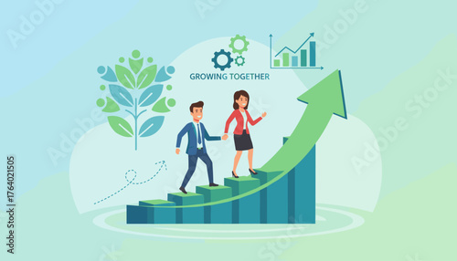 Illustrating the concept of leadership development and team success with a man and woman climbing an upward trending graph, symbolizing growth and motivation, accompanied by gears and a stylized