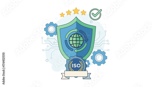 Abstract illustration of ISO standards quality control and assurance with a shield, globe, gears, stars, and checkmark, representing global certification and technological processes in a modern