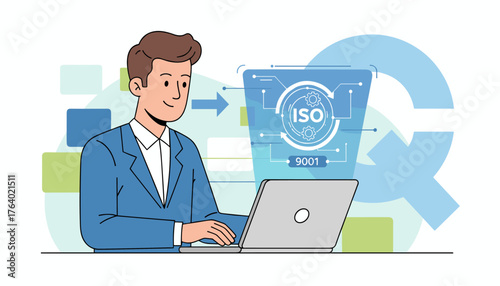 Man in blue suit working on laptop with ISO 9001 certification graphic, representing quality management, business standards, and process improvement, with abstract background elements suggesting