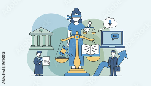 Conceptual illustration of justice and legal services business, featuring Lady Justice with scales, a gavel, a law book, a courthouse, a lawyer with a document, a businessman with a briefcase on an