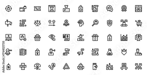 Consumer Behavior icon set. Vector illustration. Incudes symbols for target auience, buying motivation, ustomer review, price tag,shopping bag, loyalty, anaytics and more. Editable sroke.