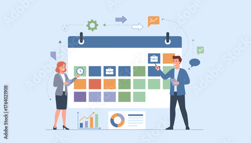 Business professionals planning and organizing tasks on a large calendar grid, symbolizing project management, team collaboration, and efficient scheduling with icons for meetings, time, and