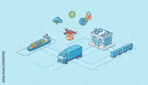 Smart logistics and transportation concept with interconnected elements including a cargo ship, truck, drone, train, and a modern building, illustrating global supply chain and delivery networks with