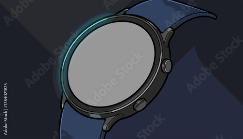Close-up illustration of a modern smartwatch with a blank grey screen and a dark blue strap, set against a dark, abstract background with subtle lighting effects, perfect for technology and gadget