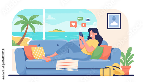 Relaxed woman lounging on a comfortable sofa, engrossed in her smartphone, with a picturesque tropical beach view through the window, symbolizing digital connection and travel dreams.