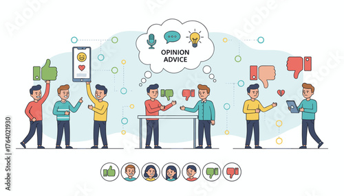 Diverse group of people expressing opinions and feedback through social media icons, thumbs up/down, and mobile devices, illustrating business advice, communication, and online interaction in a