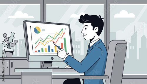 Young businessman in a blue suit analyzing stock market graphs and financial data on a computer screen in a modern office with a city skyline visible through the window, representing business growth