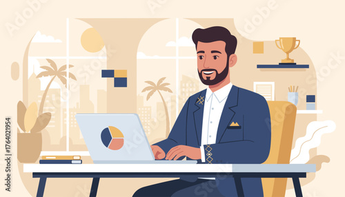 Successful Middle Eastern businessman working on a laptop in a modern office with a city view and palm trees, symbolizing growth, achievement, and a thriving career in a dynamic urban environment.