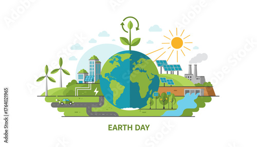 Vibrant illustration of Earth Day concept, showcasing a sustainable city powered by renewable energy sources like wind turbines and solar panels, with an electric car on a road and a factory emitting