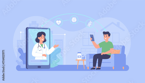 Modern telemedicine concept, a doctor on a smartphone screen consults with a patient at home, with icons representing health, brain, and DNA, symbolizing remote healthcare and medical technology