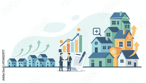 Conceptual illustration of a thriving real estate business, featuring a handshake between two businessmen, a growth chart with rising arrows and coins, and a cluster of houses symbolizing property