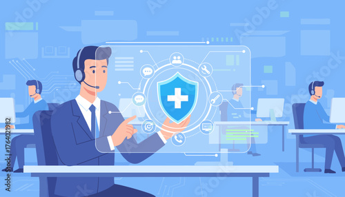 Modern digital illustration of a customer service representative wearing a headset, interacting with a futuristic holographic interface displaying a shield with a plus sign, representing technical