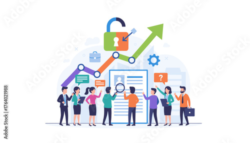 Diverse team of professionals collaborating around a resume and growth chart, symbolizing recruitment, career development, and business success with an unlocked padlock indicating opportunity and