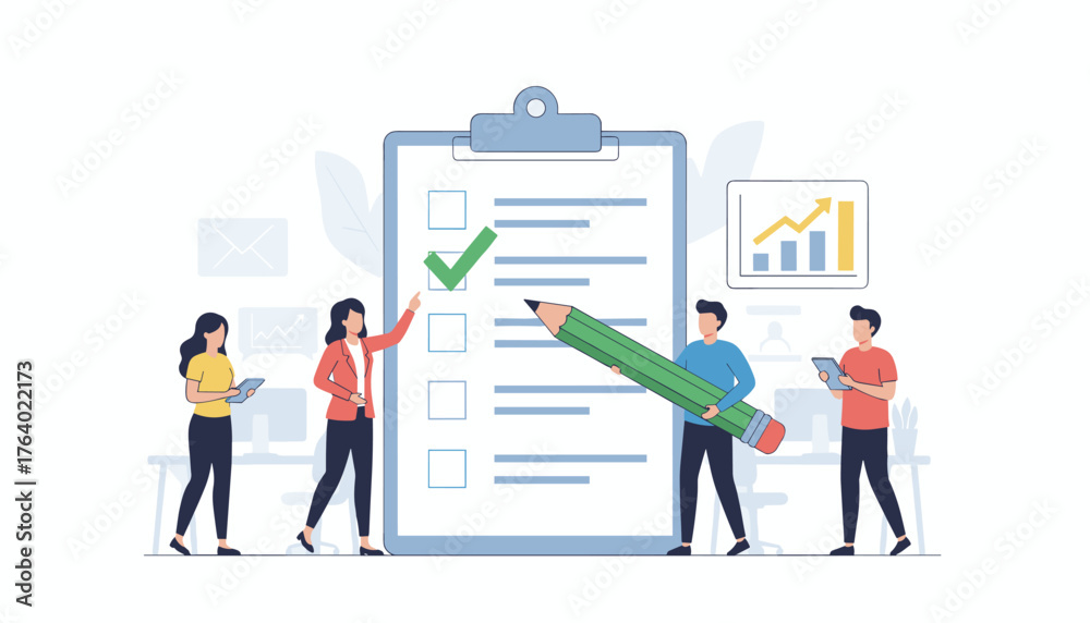 Fototapeta premium Modern flat illustration of a diverse team collaborating on a project checklist, using a giant pencil and tablets, with a growth chart in the background, symbolizing teamwork, productivity, and