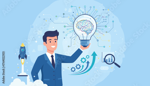 Successful businessman holding a glowing light bulb with a brain inside, symbolizing innovation, creativity, and intelligence, with a rocket launching, gears, and a magnifying glass over a graph