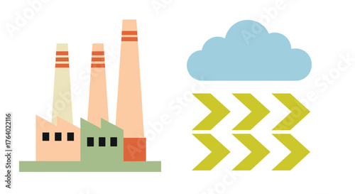 Industrial factory emissions concept with stormy cloud and lightning bolt symbol