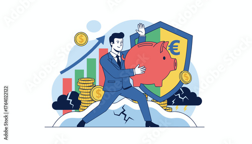 Dynamic illustration of a determined businessman in a suit, actively protecting a large red piggy bank with a shield featuring a euro symbol, symbolizing financial security and investment protection