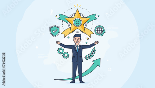 Successful businessman with open arms celebrating achievement, surrounded by symbols of top service, quality, growth, and global reach, representing excellence and business success in a modern flat