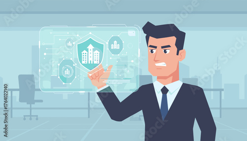 Focused businessman in a suit interacting with a futuristic holographic interface displaying franchise icons, growth charts, and shield symbols, representing business expansion and security in a