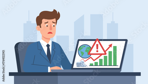 Worried businessman in suit sitting at desk, looking at laptop screen displaying a global economic crisis with falling charts, warning sign, and coins, symbolizing financial downturn and market crash