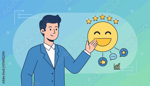 A smiling businessman in a blue suit reaches out to a large, happy yellow emoji face adorned with five stars, symbolizing excellent customer satisfaction and positive feedback, with icons for likes