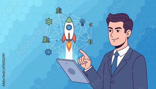 Dynamic illustration of a businessman in a suit interacting with a tablet, from which a stylized rocket is launching upwards, symbolizing business growth, innovation, and startup success, set against